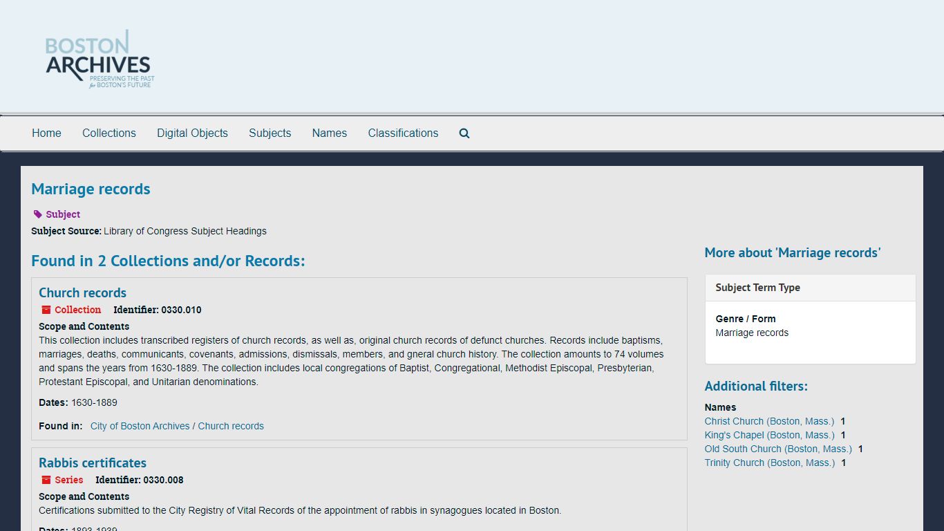 Marriage records | ArchivesSpace Public Interface - Boston